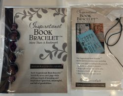 Front and back packaging view of an Inspirational Book Bracelet featuring deep purple and black disc beads, speckled accents, and a silver starfish charm mounted alongside its back informational card.